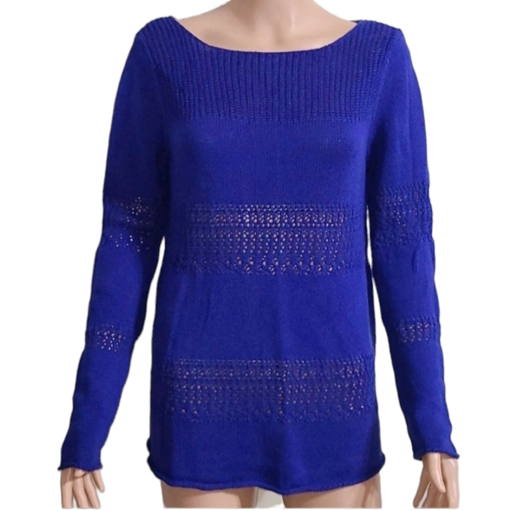 Chelsea Theodore Size M Royal Blue Cabochon Open Weave Knit Women's Sweater